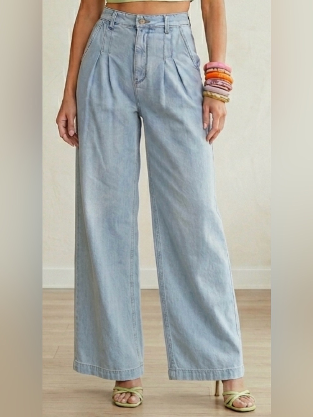 THE ODELLS High Waisted Pleated Wide Leg Denim Trousers Size 6
